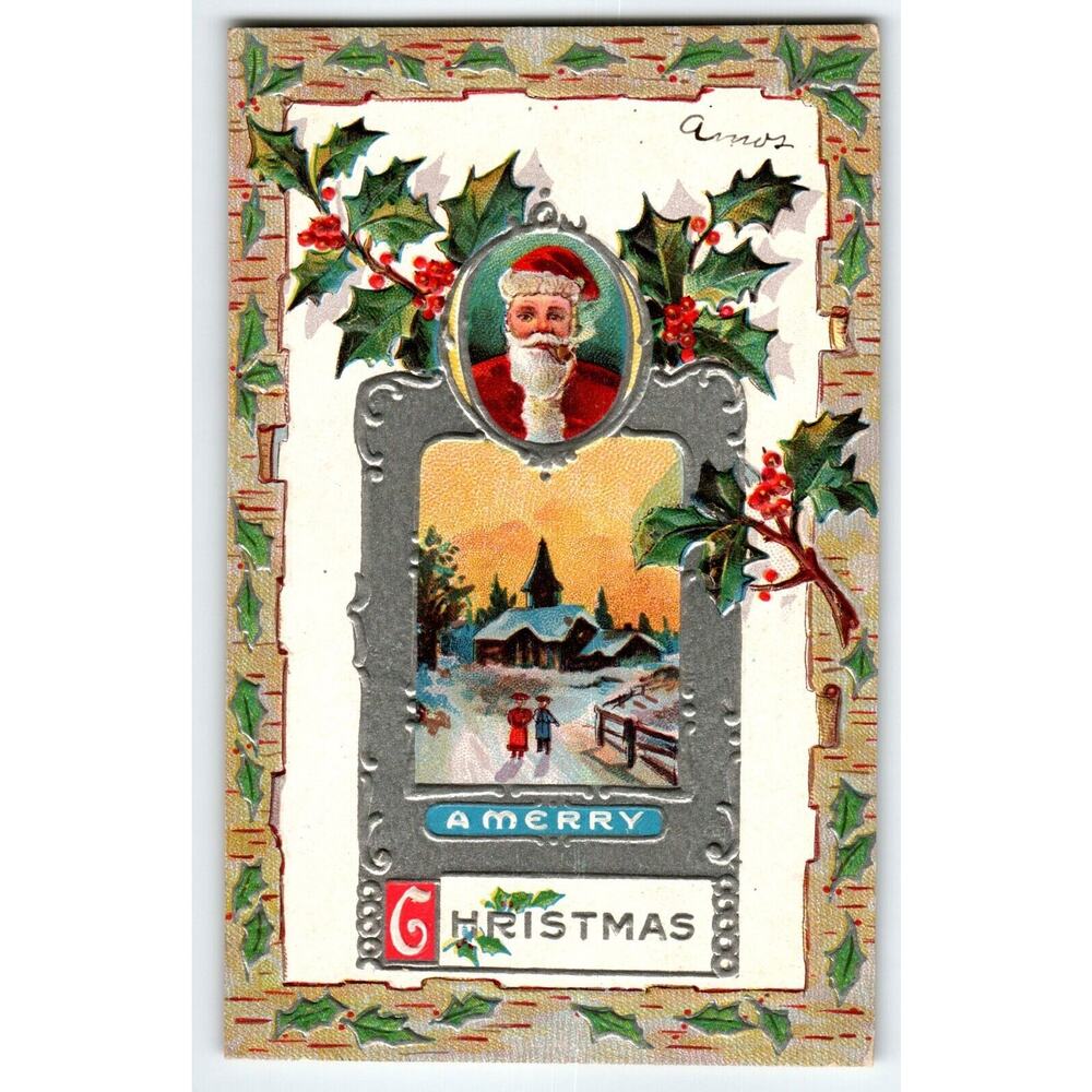 Santa Claus Christmas Postcard Smoking Pipe Church Lions Head Jackson Embossed